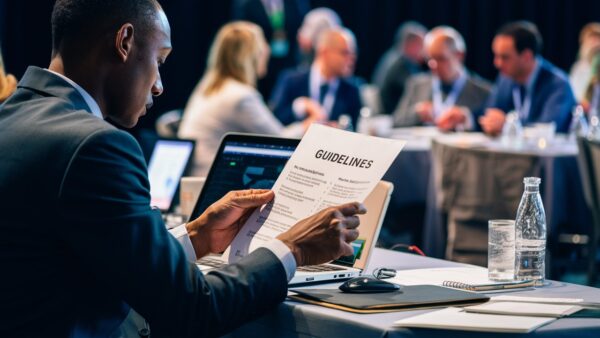 a conference presenter studying the presenter guidelines