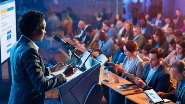 woman speaking at a conference